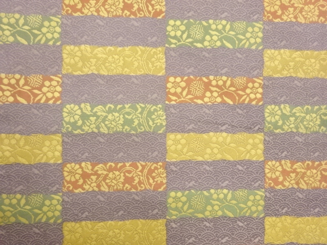  あらいそ製　縞・横段に青海波・花葉模様織出し開き名古屋帯（額縁仕立て）